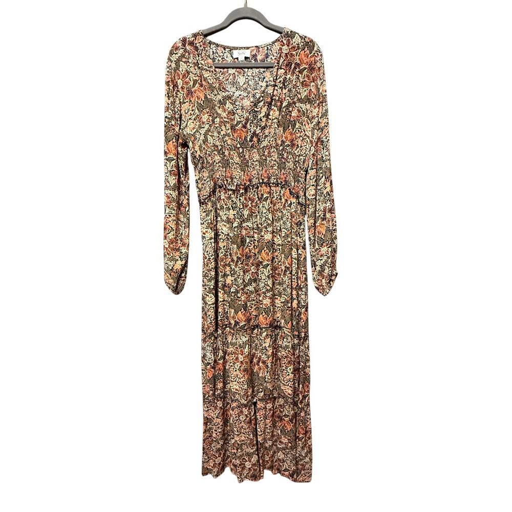Myra Bag fall floral maxi dress - long sleeve smock waist gauze ruffle size M
